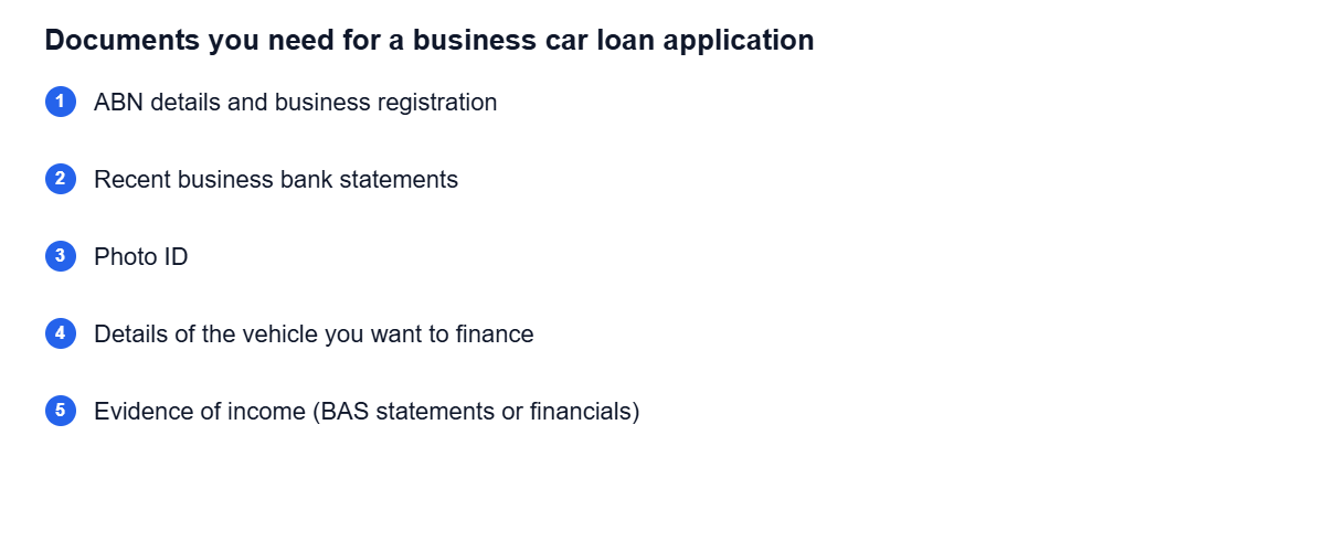 Checklist of documents needed for a business car loan application, from our business car loan guide